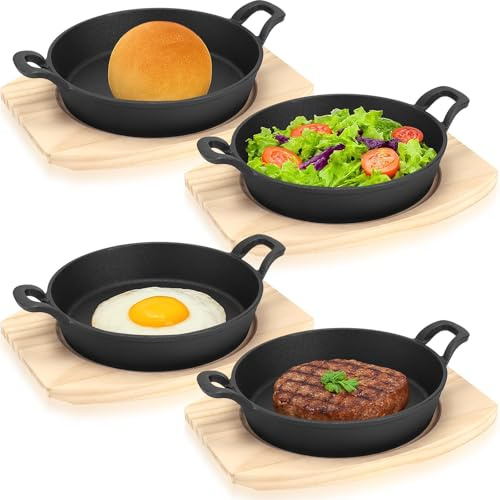 RWFMO 4 Set Mini Cast Iron Skillet, Round Cast Iron Serving Pan with Wooden Base, Small Fajita Pan with Handles for Cooking and Table Serving (14cm)