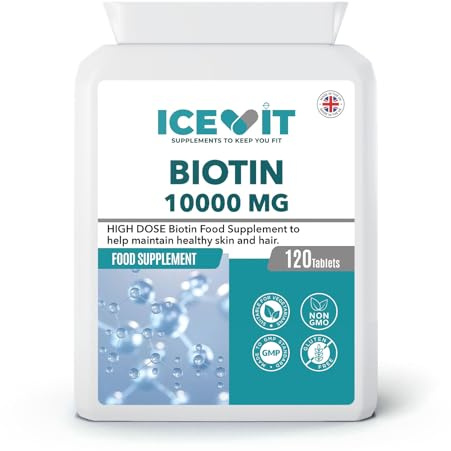 ICEVIT Biotin 10000µg Tablets – High Strength Vitamin B7 Supplement – 120 Vegan Biotin Tablets – Hair Skin & Nail Support – Made in UK – Non GMO – Gluten Free – Food Supplement