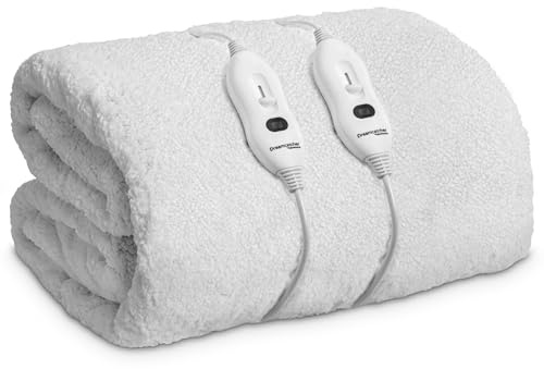 Dreamcatcher Electric Blanket King Size 203x152cm, Fully Fitted Sherpa Fleece Electric Blanket, Underblanket Mattress Cover, 3x Heat Settings, 2x Controllers and Machine Washable White Heated Blanket