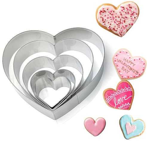 DIPZO Juego de 5 cortadores de galletas en forma de corazón, moldes de acero inoxidable para repostería y scones, cortadores de corazones grandes y pequeños para San Valentín y horneado festivo