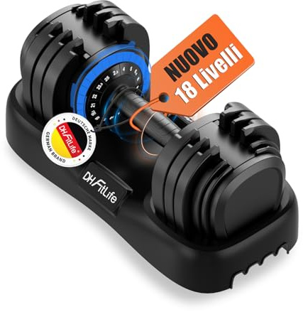 DH FitLife 2026 Nuovo Manubri Regolabili da 2,5 a 25 KG con Base Porta Pesi – Set Manubri Componibili per Uomo e Donna con 18 Pesi in 1, Manubri Regolabili Salvaspazio per Allenamento a Casa (1 Pezzo)