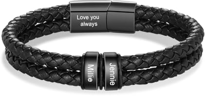 Presentimental Bracciale da Uomo in Pelle Personalizzato Acciaio Inossidabile Bracciali con 1–5 Anelli Nome Regalo per Papà, Marito, Fidanzato (nero-2 nome)