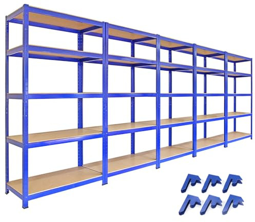 T-RAX 5 x Robust Blå Garagehylla Hyllenhet Verkstadshylla Verkstad Lager Lagerhylla Garage Förvaring MDF Bultfri Bultlös Gummifötter Pulverlackerat Stål 180 cm / 1800 mm 90 cm / 900 mm 45 cm / 450 mm