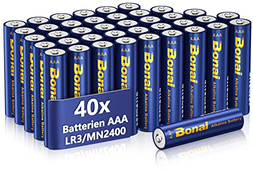 BONAI Longlife Batterie AAA, (Pack of 40) Pile Ministilo AAA Stilo Alcaline 1,5V ad Alta Capacità Batteria LR3 Lunga Durata di 10 Anni, Imballaggio Ecologico, per Giocattoli, Dispositivi di Domotica
