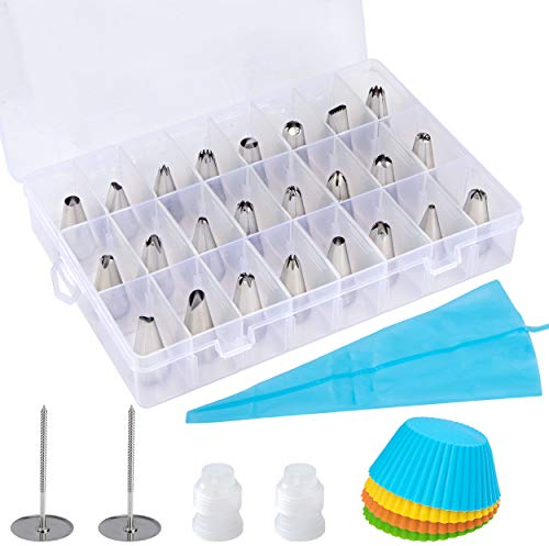 Kit per Decorazione di Torte 24 Beccucci per Pasticceria in Acciaio Inox 1 Sacchetti di Silicone Riutilizzabili 2 Accoppiatore 2 Chiodi per Fiori e 4 Stampi per Torta in Silicone 33 Pezzi