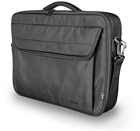 Trust Atlanta Eco Bolsa de Plástico Reciclado para Portátil de hasta 15,6, Correa Ajustable para Hombro, Bolsillos para Accesorios, Bandolera para Viajes, Oficina, Trabajo, Universidad - Negro