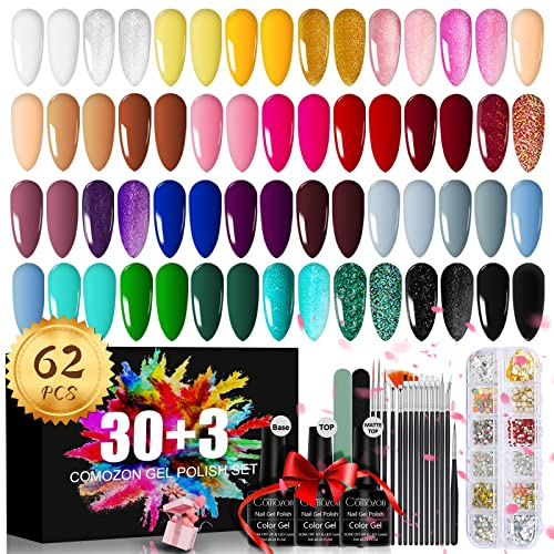 comozon Gel Nail Polish Set 30 Colors UV Kit with Art Brushes, Top Coat, Base Decorations for Starter Gift Women, 61 Piece Set