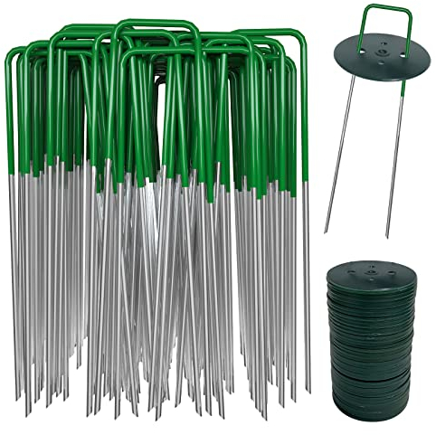 AGAKY Grapas Cesped Artificial, 40 Grapas para Jardín Mitad Verdes y 40 Arandelas, Clavos Cesped Metal, Pare, Membrana de Control de Malezas, Estera, Valla, Mallas, Tela, 150 mm / 25 mm，Ø 2,8 mm