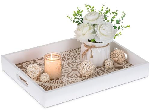 Hanobe Holztablett Rechteckig Deko Serviertablett: Boho Dekotablett Blumen Holz Tablett mit Henkel Weiß Klein Kerzen Tabletts Bauernhaus Kerzentablett für Couchtisch Teelicht Küche Tisch