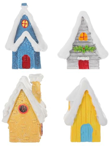 HOMSFOU 4pcs Resin Christmas House Decor - Fish Bowl, Aquarium Hideout, Party Bag Fillers, Log Cabin Ornament - Grey Mini Xmas House for Household and Holiday Decorations