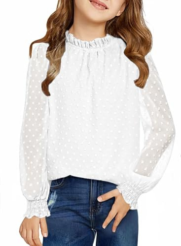 Arshiner Girls Long Sleeve Shirt Chiffon Kids Dot Pleated Collar Blouse Casual Top Spring Fall Winter Blouse for Girls 12-13 Years White