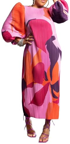 Women Colorful African Dress Floral Puff Long Sleeve Wedding Guest Party Pleated Maxi Dress