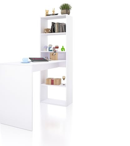 duehome | Escritorio Juvenil con Estanteria Reversible, Mesa de Ordenador, Modelo Cosmic, Acabado en Blanco Artik, Medidas: 120 cm (Largo) x 53 cm (Ancho) x 144 cm (Alto)