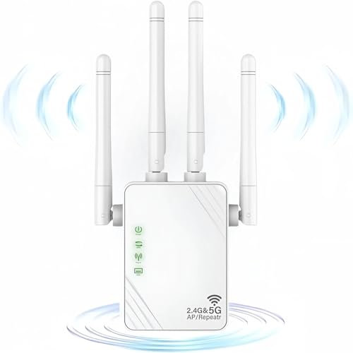 ANDHOT Repetidor WiFi, expandedor WiFi de Doble frecuencia de 1200mps 5ghz y 2,4ghz, Modo repetidor/Router/Ap, Amplificador de señal Wi-Fi con 4 Antenas potentes,Adecuado para Uso doméstico/de Oficina