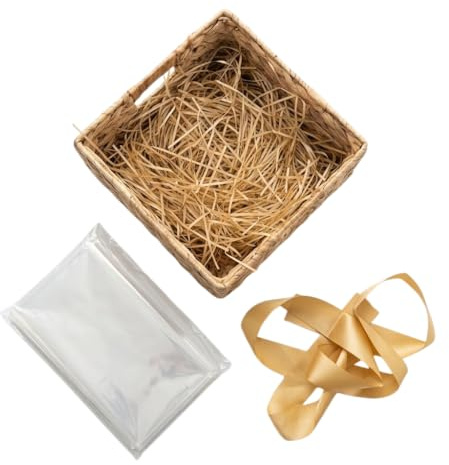 khevga Geschenkkorb Set leer zum Befüllen – Komplett-Set mit Folie (100x100 cm), Packpapier & goldenem Geschenkband – Präsentkorb für Muttertag, Geburtstag, Weihnachten & Ostern, Geschenke
