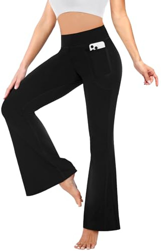 Fiohiros Flared Leggings Women with Pockets, High Waist Tummy Control Bootcut Pants, Stretchy Yoga Leggings for Yoga Gym Workout (UK, Alpha, L, Regular, Regular, Black)
