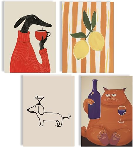 Set di 4 poster artistici da parete, moderno, divertente, cane, gatto, limone, vino, formato A4, stampe artistiche scandinave, minimaliste, decorazione da parete per cucina, soggiorno, bar