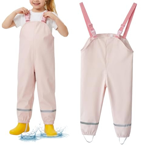 Kids Waterproof Trousers Bib Overalls with Reflective Strips, Lightweight Rain Overtrousers for Boys Girls Age 4-12, Mud-Proof Play Rainsuit Pants for School Outdoor Cycling Puddle Jumping