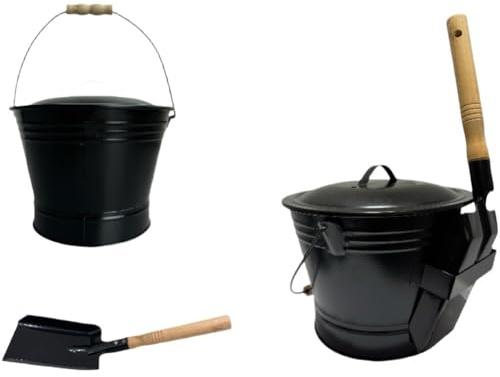 Homeponnew Cubo de hierro galvanizado para cenizas con tapa y pala, contenedor redondo ignífugo de carbón para chimeneas, estufas de leña, parrillas y hogueras