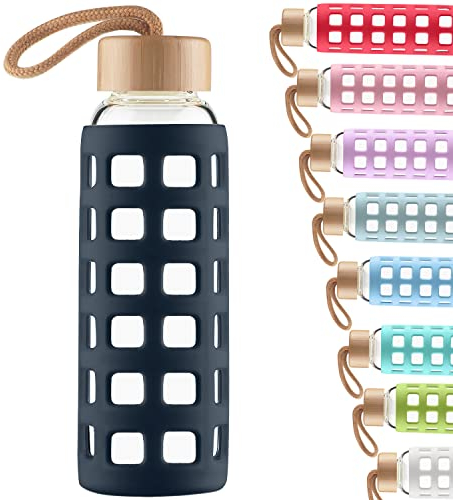 Cleesmil Sports Glass Water Bottle with Silicone Sleeve with Bamboo Lid BPA Free 1000 ml / 1 litre (Navy Blue)