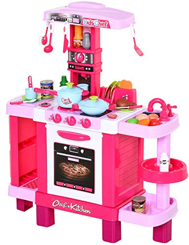 HOMCOM 38 Pcs Kids Children Kitchen Play Set w/Realistic Sounds Lights Food Utensils Pots Pans Appliances Toy Game Pink