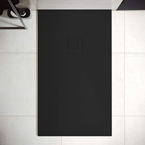 Plato de Ducha de Resina Mineral - Textura Pizarra,Antideslizante y Antibacteriano - Acabado Mate - Incluye Sifón y Rejilla (90x120 cm, Negro)