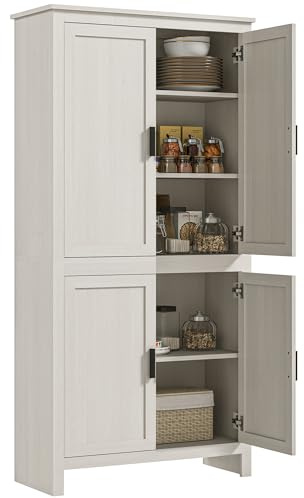 HOMCOM 64 Kitchen Pantry Cabinet, Freestanding Storage Cabinet with 4 Doors and 3 Adjustable Shelves for Dining Room, Antique White