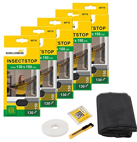 Schellenberg 5er Spar-Pack 50715 Fliegengitter für Fenster Insektenschutz und Mückenschutz inkl. Klebestreifen, ohne Bohren, 130 x 150 cm, anthrazit