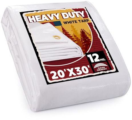 RAINDEWAY 12 Mil Heavy Duty White Tarp 20x30 Feet, UV Resistant, Waterproof, Weatherproof Poly Tarp with Metal Grommets and Reinforced Edges