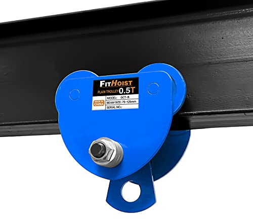 FITHOIST Manuell vagn 1/2 ton | 499 kg kapacitet stål tryckstråle vagn | justerbar för I-Beam fläns bredd 7,6 cm till 12,7 cm | Enkel vagnkran med fyra robusta hjul