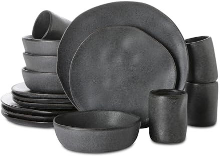 Stone by Mercer Project HEKONDA Modern Debossed Stoneware 16-Piece Dinnerware Set,Plate and Bowl Set, Dish Set for 4, Gray