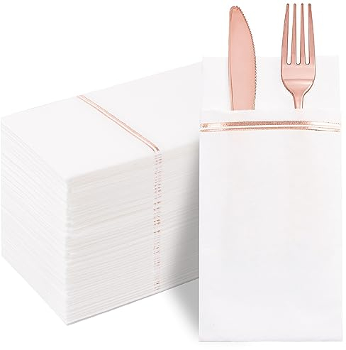 Nerver 100 st roséguld pappersservetter med inbyggd bestickficka – vitt och roséguld förbehandlat tyg som engångsservetter – kraftigt linnekänsla middagsservetter för fest och bröllop och middag