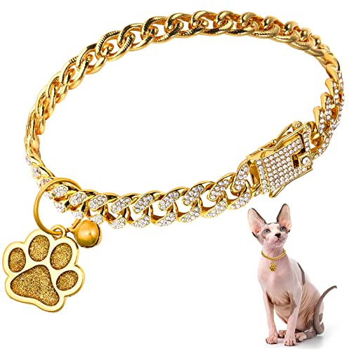 Hillban Cat Collar Diamond Chain Glitter Collar Walking Metal with Secure Buckle Cat Pet Necklace with Paw Charm and ID Tag Bell Link Cuban Jewelry Accessories Gift(8 Inch,Gold)