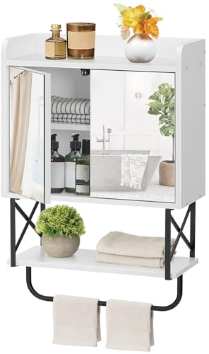 HOOBRO Bathroom Mirror Cabinet, Wall Mounted Bathroom Cabinet with Mirror, Towel Bar and Adjustable Shelf, Double Doors Cupboard Storage Unit, for Bathroom, Living Room, White EBW41CW01