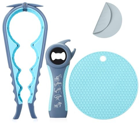 Jar Bottle Opener for Weak Hands,4 &5 in 1 Multi Function Non-Slip Can Lid Opener Tools with Silicone Jar Gripper Pad,Suitable for Seniors,Children and Arthritic Hands (Light Blue)