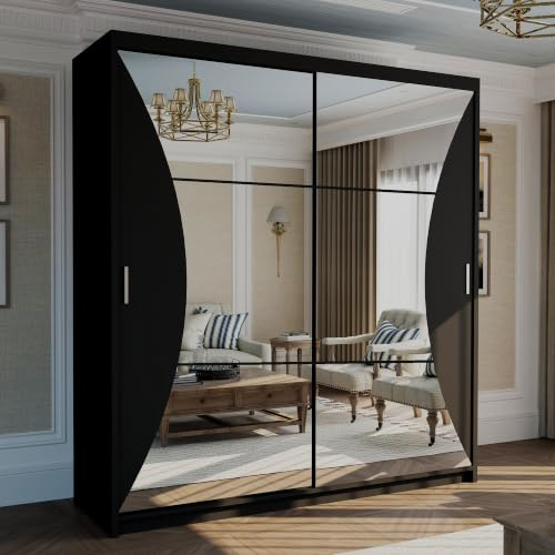 FURNITUREWAVE Carifornia Sliding Curved Mirror Wardrobe with Hanging Rail and Shelves, Clothes Storage Cabinet Organizer Closet for Bedroom Small Spaces (Black, 150cm)