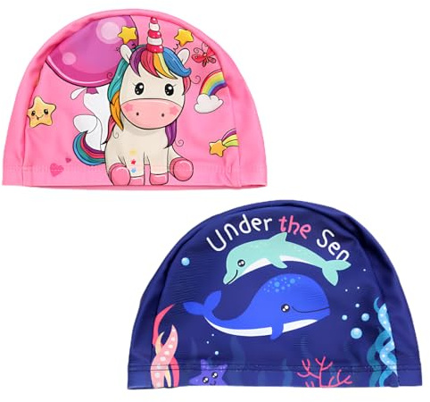 YOCDNOV 2pcs Bonnets de Bain en Silicone pour Enfants- Bonnet de Natation Imperméable pour Garçons Filles de 2 à 8 Ans,Extensible Confortable, pour Cheveux Longs et Courts(Licorne + Monde sous-Marin)