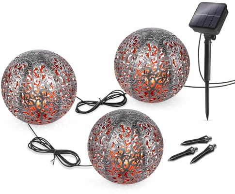 Esotec Solarkugeln Madeira, 3er Set, Silber gebürstet, D=15cm, 2m Solarkugel Lichterkette, Akku, Solarmodul, Erdspieß, Bodenleuchte, Kugelleuchte, Kunststoff, Outdoor, außen, wetterfest 103032