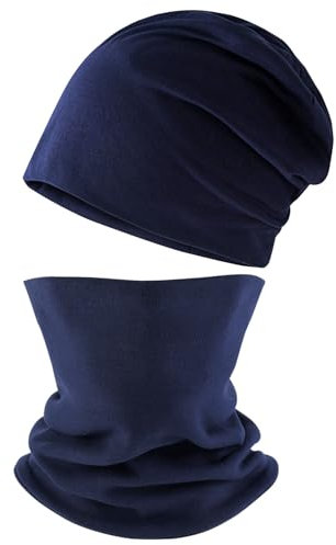 TUONYIS 2 Stück Kinder Mütze, Beanie und Schlauch Schal Set, Weiche Baumwolle Warme Strickmützen und Schals, Schlauchschal Strickmützen für Herbst Winter Frühling, 52-56 cm(Dunkelblau) (Dunkelblau)