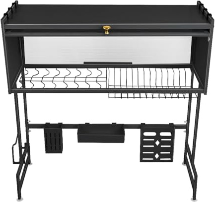 HUOLE Escurreplatos de Acero Escurridor de Platos de 3 Niveles para Fregadero Estante de Secado de Platos con Soporte para Tabla de Cortar Soporte de Cubiertos -75 * 30 * 78cm-Negro
