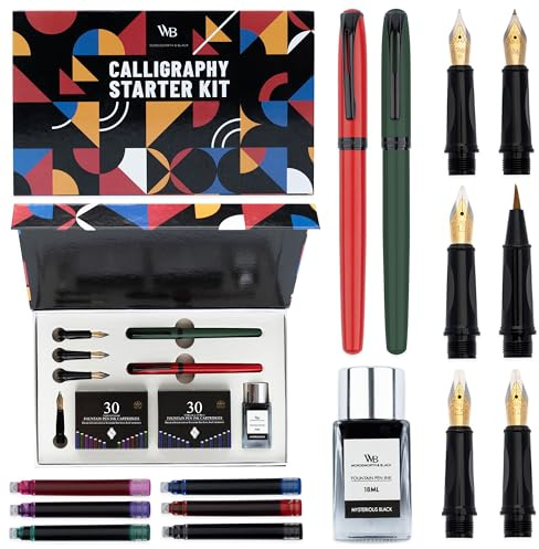 Wordsworth and Black Calligraphy Pen Set - Green - Includes 2 Calligraphy Pens, 18 ML Ink Bottle, 60 Ink Cartridges, A Refill Converter, 1 Medium and 4 Broad Nibs, Brush Pen