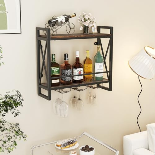 RELAX4LIFE Portabottiglie da Parete, Mensola Galleggiante per Liquori a 2 Ripiani con Scaffali di Stoccaggio e Portabicchieri, Scaffale Metallico per Bottiglie di Vino per Bar a Casa, Sala da Pranzo
