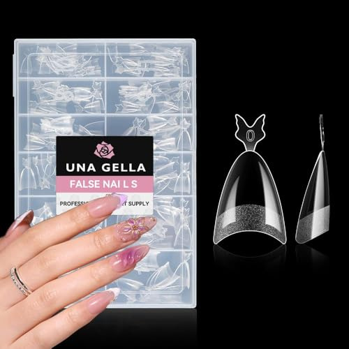 UNA GELLA Nail Tips 504Pcs False Nails Half Matte Full Cover Clear Acrylic Gel Fake Nails for Extensions Nail Art DIY Salon 12 Sizes Almond-Half