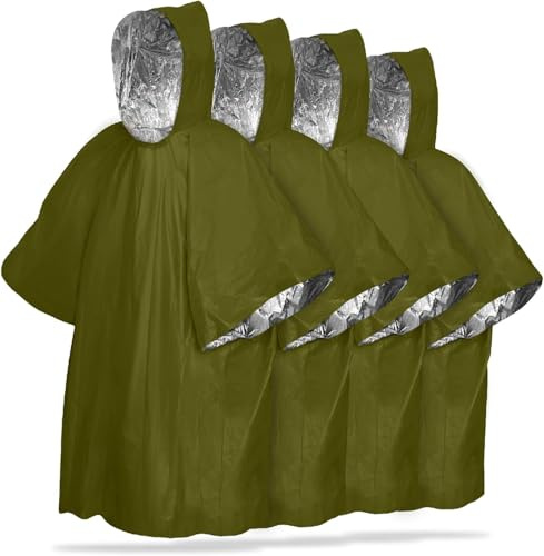 4-Pack Reusable Emergency Rain Ponchos ， 90% Body Heat Retention |，Weather-Resistant Gear for Adults | Ideal for Camping, Hiking & Survival Kits (Green)