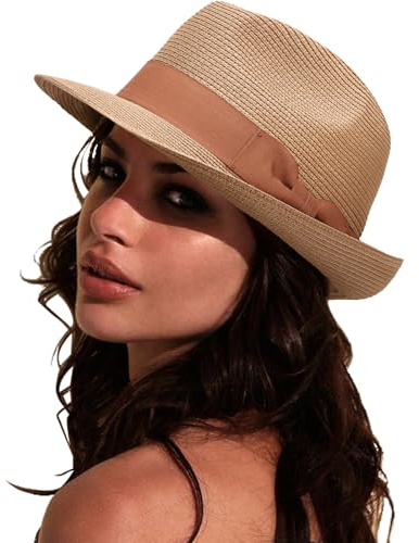 DRESHOW Femme Homme Chapeau de Paille Panama Chapeau Été Large Bord Chapeau de Soleil Anti-UV pour Plage Voyage Chapeau de Soleil