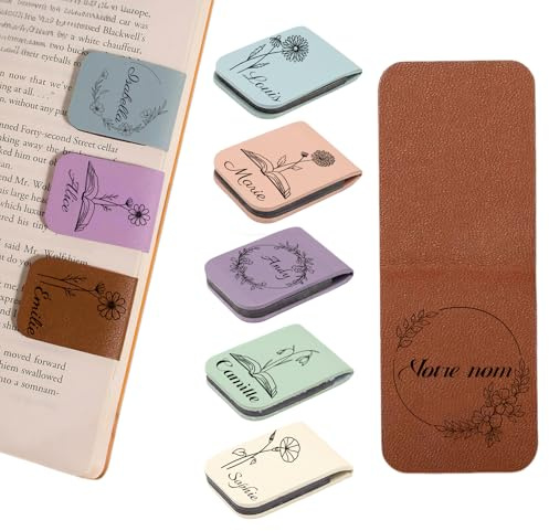 Marque-page en cuir gravé personnalisé avec fleur d'anniversaire, accessoire de livre magnétique personnalisé, Cadeaux d'anniversaire pour livres femmes hommes lecteurs les amateurs de livres (C)