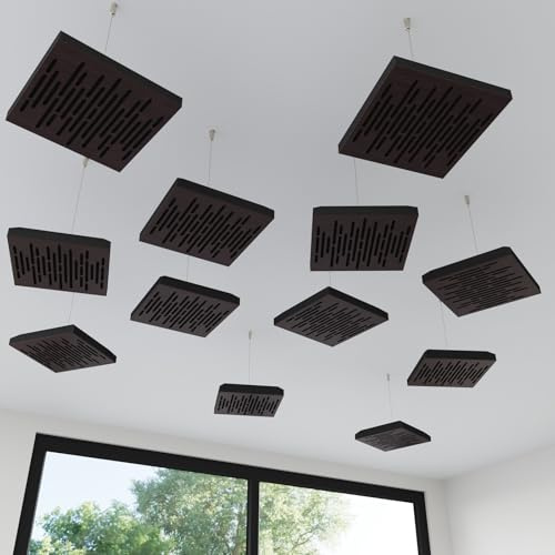 4 Pack — Mini Acoustic Ceiling Panel | Hanging 3D Sound Absorber with Suspension Kit | Acoustic Ceiling Decor | HDF Mini Hanging Panels | 25×25 cm | Color: [Wenge | WAVE-Mini]