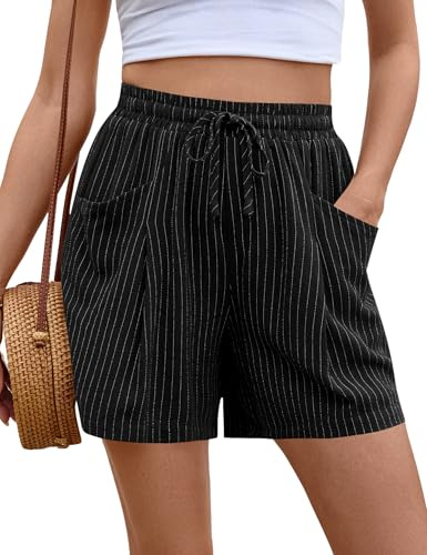 Rapbin Womens Summer Linen Cotton Wide Leg Casual Shorts with Pockets | Drawstring Elastic Waist Loose Fit