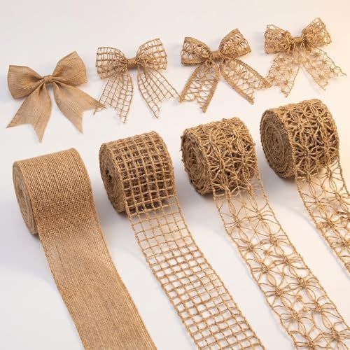 4 Pcs Burlap Ribbon Wired Natural Jute Lace, 1.6-2 Inch x 9Yard Wrapping Ribbon for Crafts, Wedding Gift Wrapping, Rustic Outdoor Decoration, Wreath, Holiday DIY Home Decor
