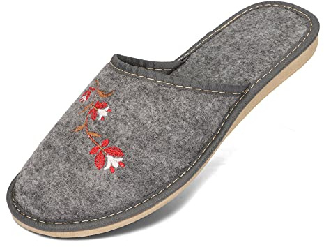 BeComfy Damtofflor Lätta Filttofflor med Broderade Blommor i Grått 36-41 EU (Grå Blommor, Europeiska skostorlekar, Vuxen, Numeriskt, Medel, 41)